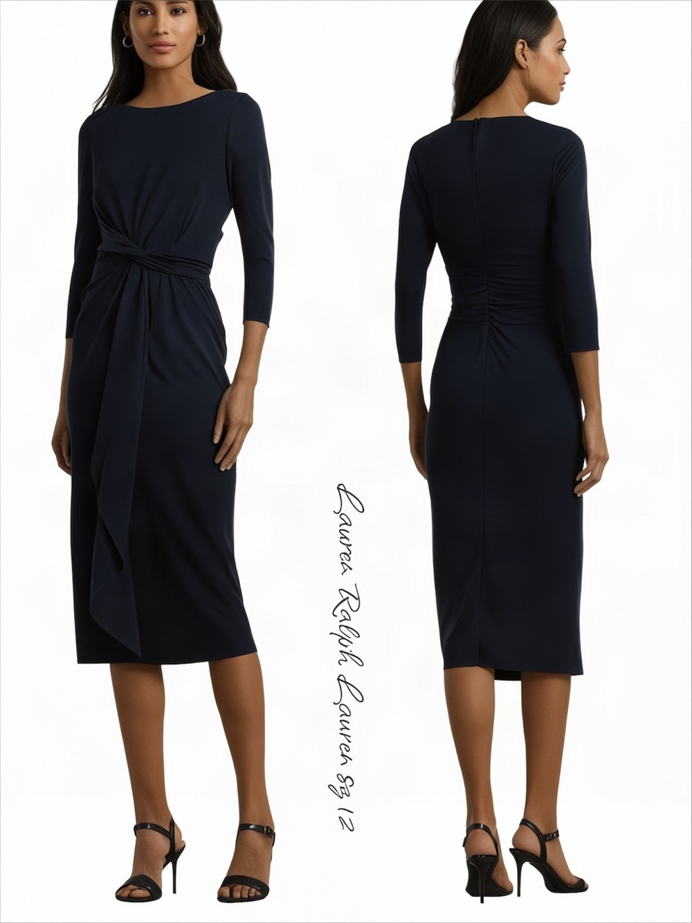 Lauren Ralph Lauren Twist Front Jersey Midi Dress Navy 12 NWT